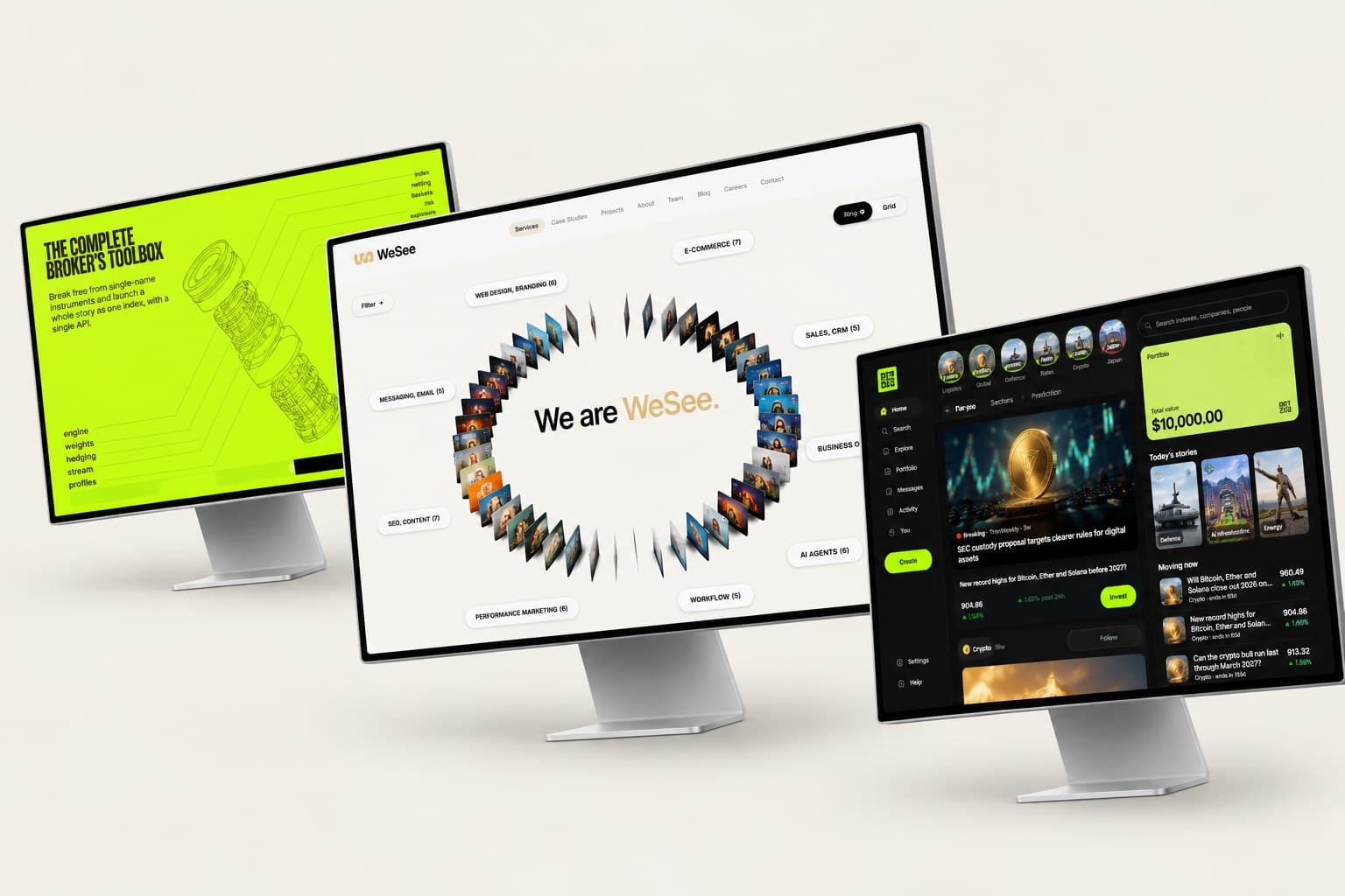 Cascade, WeSee and Bitzaurus on three desktop monitors